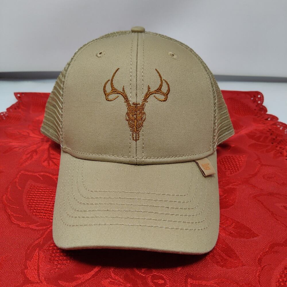 CAT Caterpillar Trucker Hat Tan Skull N Rack Men's Adjustable Mesh